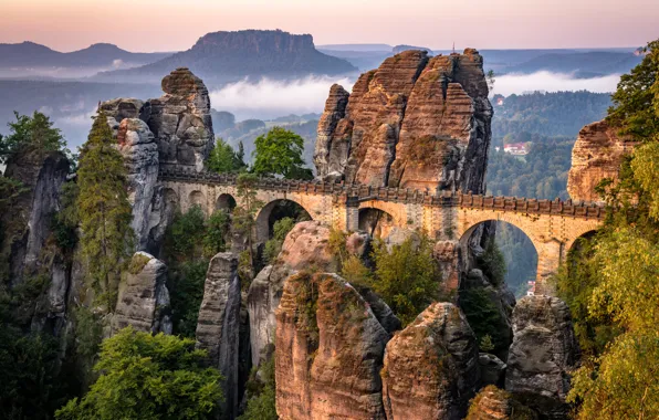 Картинка пейзаж, горы, мост, природа, скалы, растительность, Германия, Саксонская Швейцария