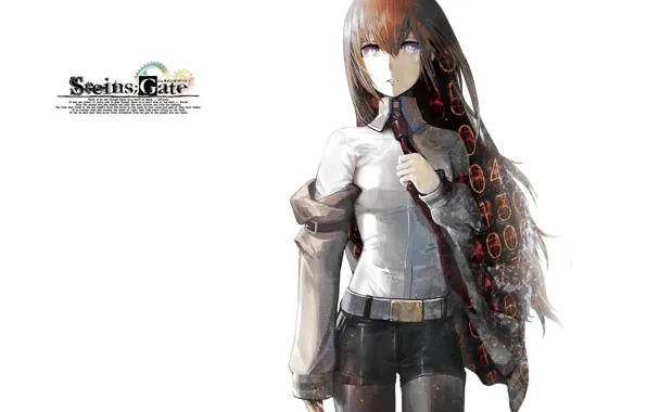 Галстук, белый фон, рыжая, ремень, Steins Gate, Kurisu Makise, Врата Штейна, белая блузка