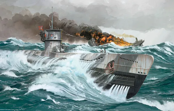Картинка война, рисунок, подводная лодка, U-Boat Type VII C