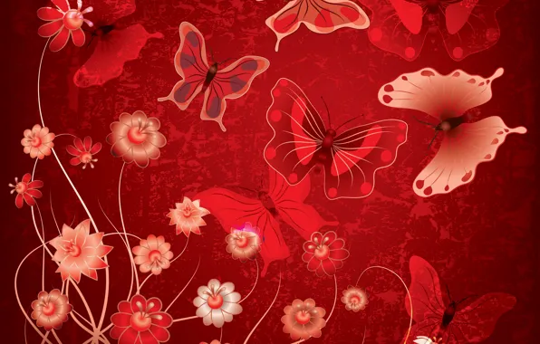 Бабочки, цветы, abstract, красные, design, flowers, grunge, butterflies