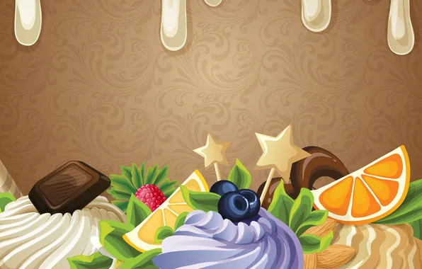 Картинка абстракция, ягоды, сладость, шоколад, сливки, пирожное, фрукты
