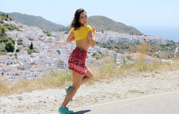 Model, brunette, gorgeous, photoshoot, posing, beautiful face, outdoors, running
