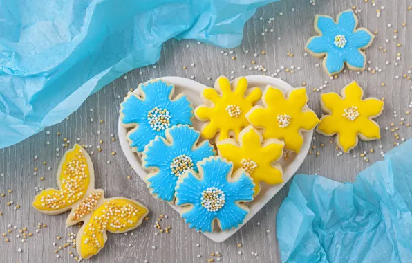 Картинка цветы, бабочка, сердце, печенье, тарелка, сахар, heart, blue