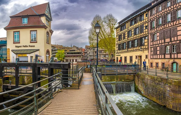 Река, Франция, здания, фонарь, мосты, Страсбург, France