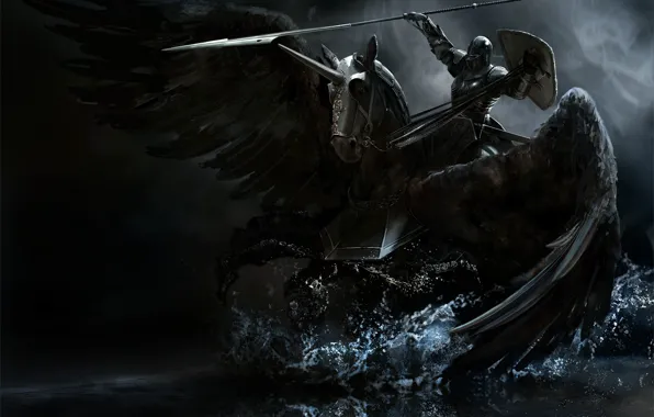 Картинка оружие, крылья, Лошадь, доспехи, черное, копье, рыцарь