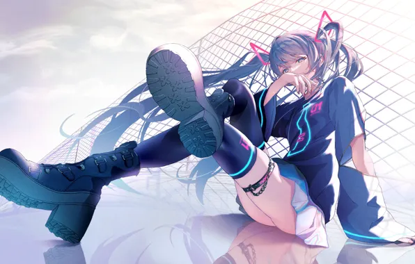 Небо, девушка, забор, Hatsune Miku, Vocaloid