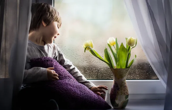 Картинка цветы, мальчик, окно