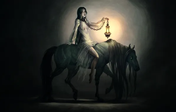 Девушка, Лошадь, Girl, Dark, Фонарь, Zombie, Арт, Art