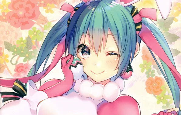 Улыбка, vocaloid, hatsune miku, вокалоид, голубые волосы, подмигивание, хатсуне мику, два хвостика