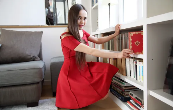 Hot girl, living room, lamp, red lips, exotic, books, pillow, mirror on the wall