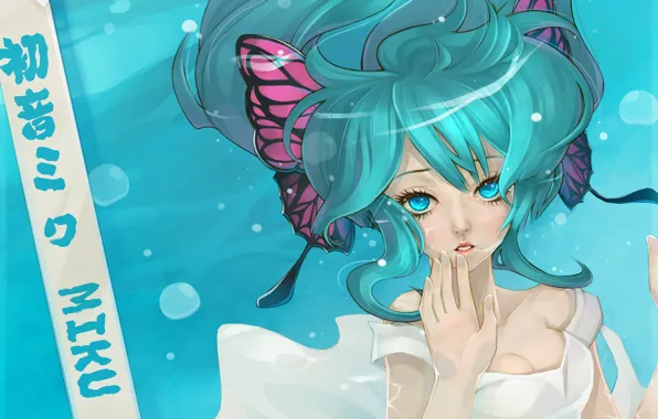 Надпись, платье, арт, vocaloid, hatsune miku, под водой, вокалоид, dong xiao