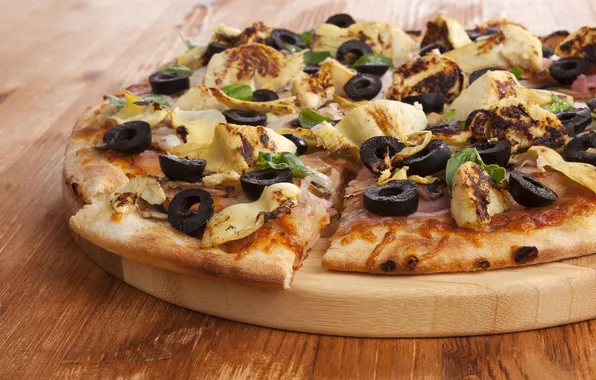 Pizza, cheese, dough, wooden plate, portion