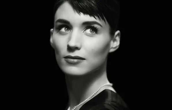 Картинка портрет, макияж, актриса, брюнетка, прическа, черно-белое, черный фон, Rooney Mara
