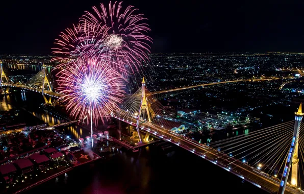 Картинка ночь, мост, огни, салют, фейерверк, Thailand, Bangkok