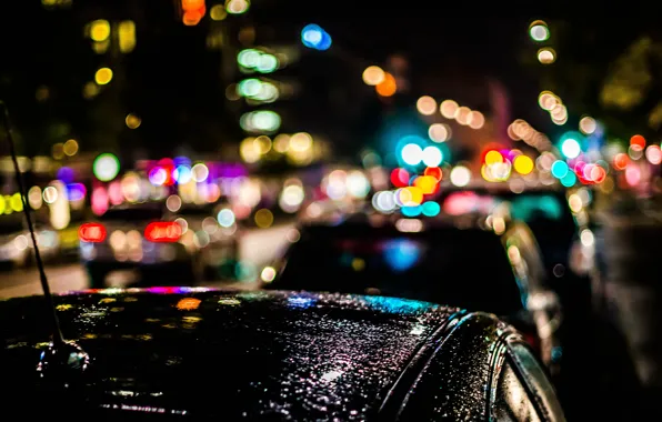 Картинка машины, ночь, город, огни, дождь, боке
