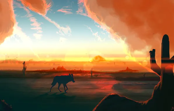 Закат, Солнце, Рисунок, Sound, Fantasy, Пейзаж, Nature, Арт