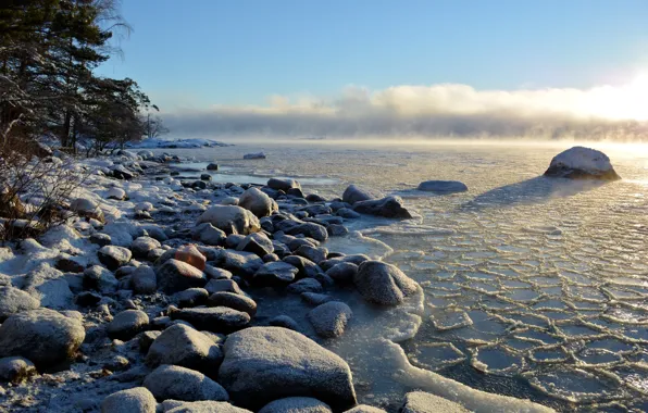 Картинка зима, море, камни, побережье, Finland, Балтийское море, Helsinki, Uusimaa