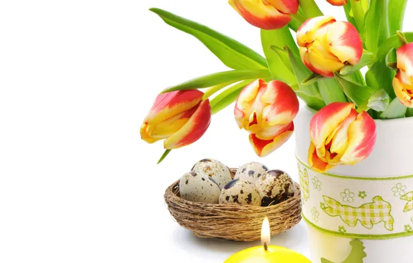 Картинка цветы, яйца, свечи, пасха, тюльпаны, Easter