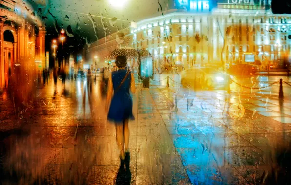 Картинка девушка, капли, зонт, Санкт-Петербург, ночной дождь