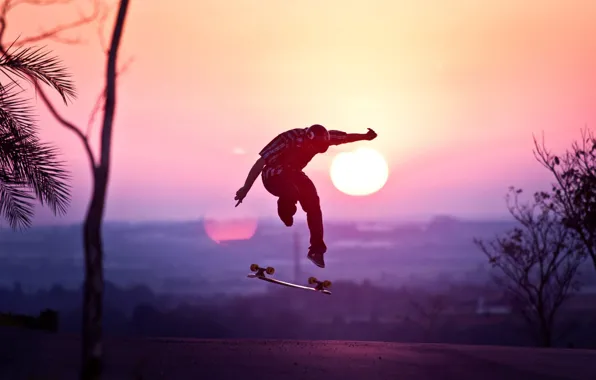 Картинка Skateboard, road, sunset, jump, sun, sports, silhouette, athlete