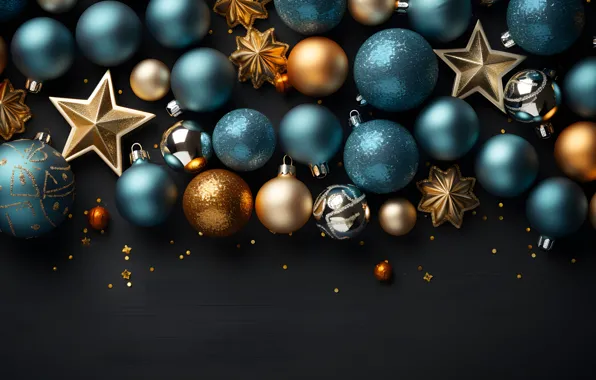 Украшения, темный фон, шары, Новый Год, Рождество, dark, golden, new year