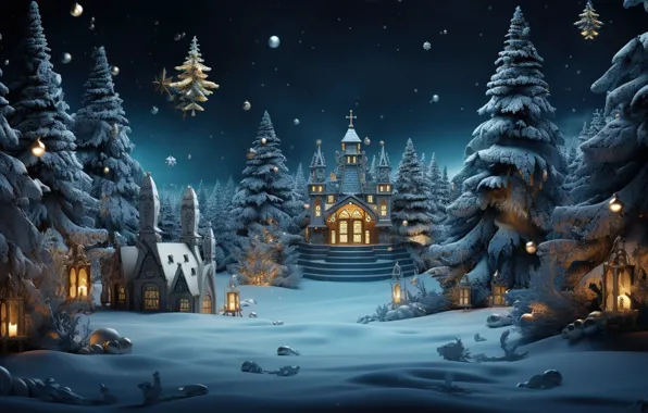Картинка зима, снег, ночь, lights, елки, Новый Год, деревня, Рождество