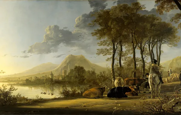 Животные, гора, картина, Альберт Кёйп, Aelbert Jacobsz Cuyp, Речной Пейзаж с Всадником и Крестьянами