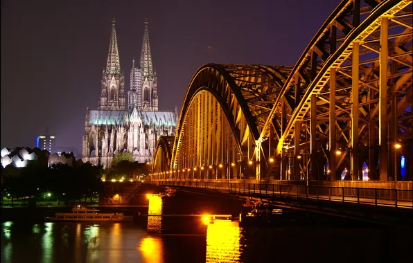 Картинка ночь, мост, огни, река, вечер, собор, германия, Кельн