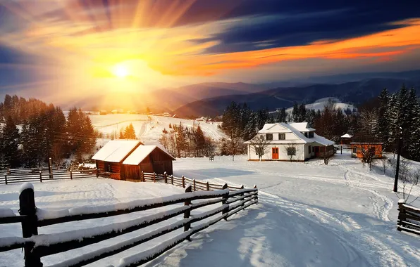 Картинка зима, солнце, снег, хижина, landscape, winter, snow