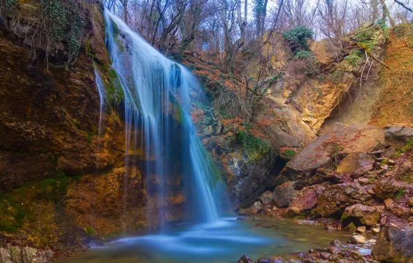 Осень, деревья, пейзаж, камни, водопад, ущелье, Крым, autumn