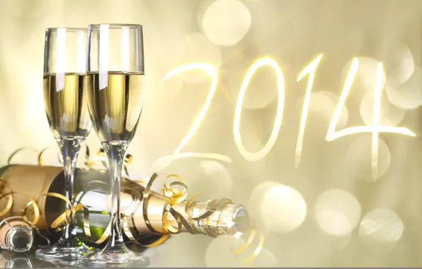 Картинка праздник, бутылка, новый год, бокалы, цифры, шампанское, серпантин, боке