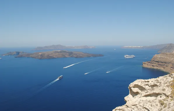 Море, скалы, корабль, Санторини, красивый вид