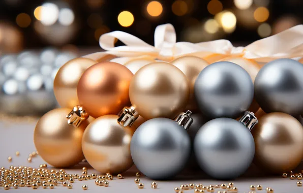 Шары, Новый Год, Рождество, silver, golden, new year, happy, Christmas