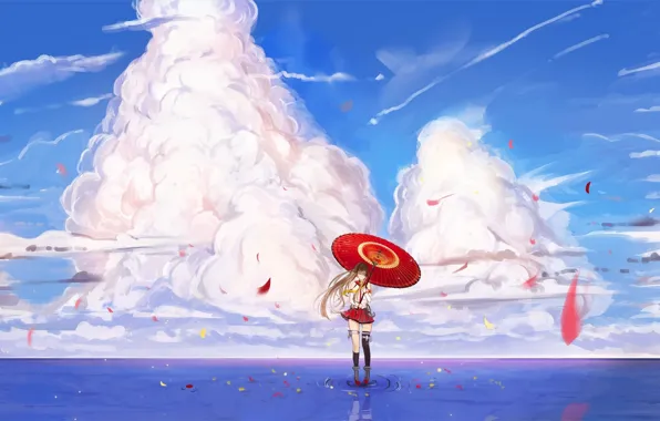 Картинка небо, вода, девушка, облака, отражение, зонт, аниме, лепестки