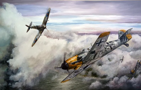Картинка aircraft, war, spitfire, airplane, aviation, dogfight, me 109, bf 109