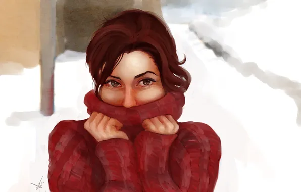 Картинка холод, глаза, взгляд, девушка, снег, волосы, руки, арт