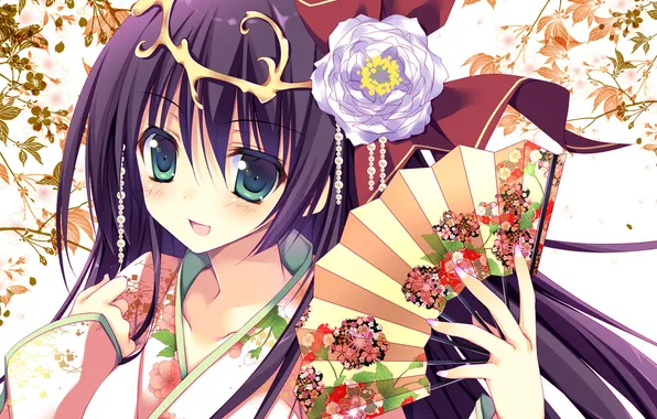 Картинка цветок, девушка, узор, веер, арт, yukata, юката