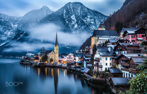 Картинка зима, село, Австрия, Гальштат