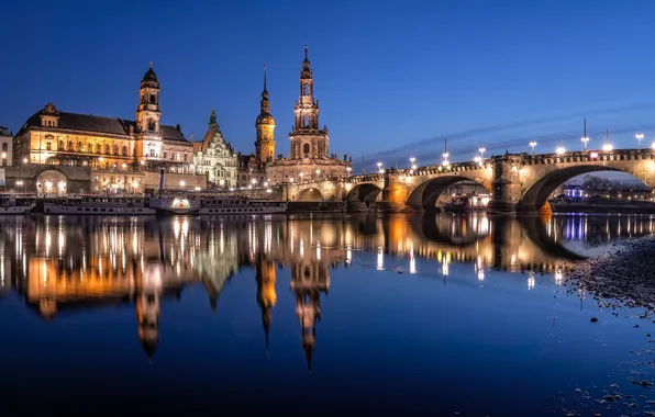 Мост, отражение, река, здания, дома, Германия, Дрезден, ночной город