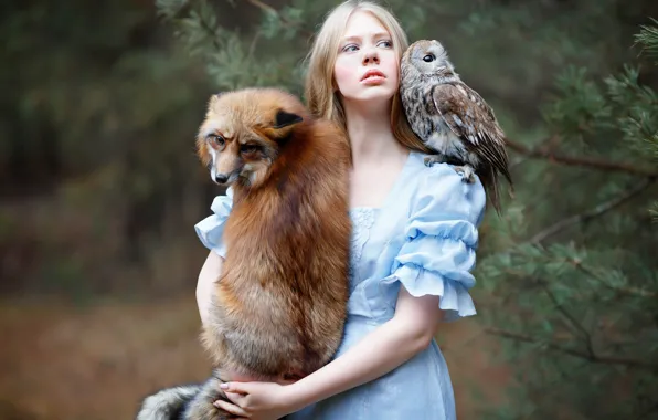 Девушка, сова, птица, лиса, рыжая, друзья, Юлия Ковальская, фотограф Светлана Никотина