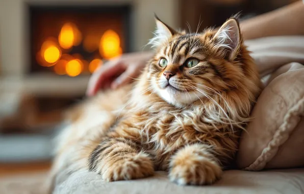 Кошка, кот, взгляд, поза, диван, лапки, лежит, подушка