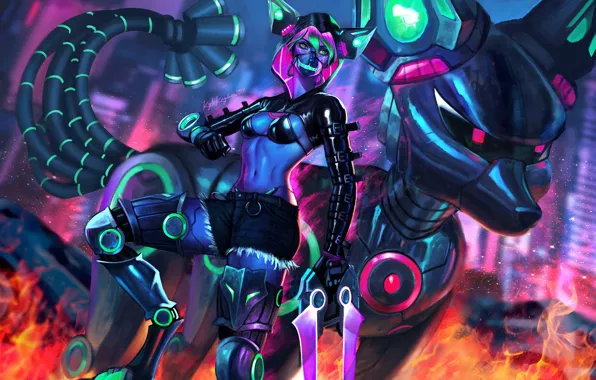 Girl, Art, Robot, Neon, Illustration, Characters, Cyber, Sci-fi