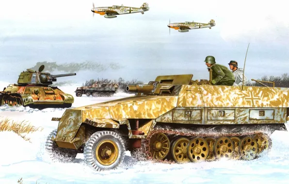 Картинка снег, рисунок, самолеты, танк, немцы, вермахт, бронетранспортёр, Don Greer