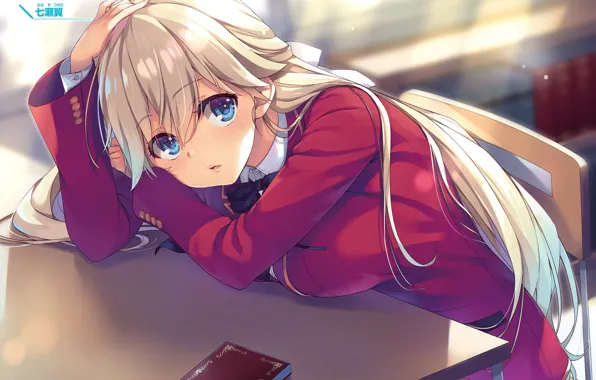 Взгляд, девушка, блондинка, класс, парта, Youkoso Jitsuryoku Shijou Shugi no Kyoushitsu e, Добро Пожаловать В …