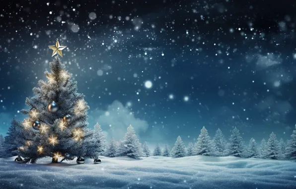 Картинка зима, лес, снег, ночь, lights, елка, Новый Год, Рождество
