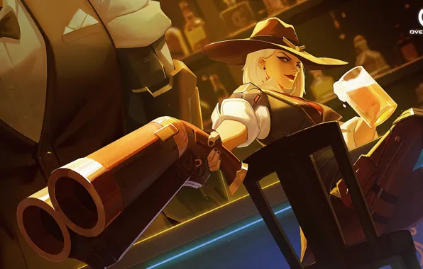 Девушка, пистолет, оружие, робот, шляпа, Ashe, Overwatch, B.O.B.