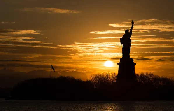 Картинка United States, Sunrise, Statue of Liberty, Silhouette, Lady Liberty