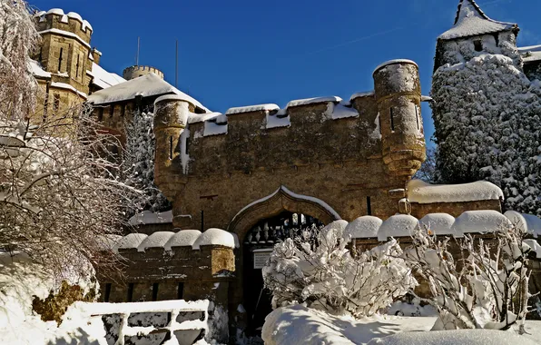 Картинка зима, снег, деревья, природа, утро, Германия, Deutschland, Замок Лихтенштейн