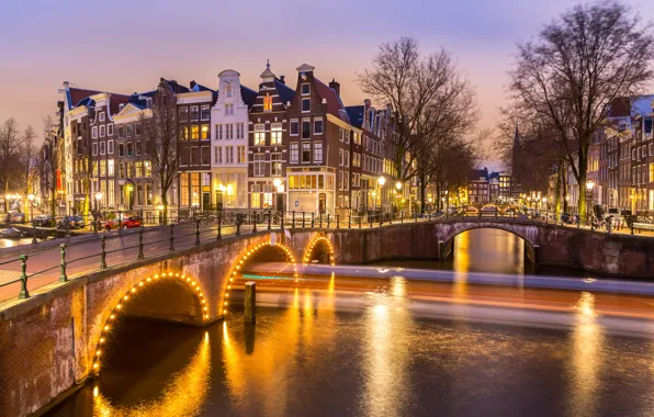 Картинка ночь, мост, city, город, lights, огни, река, Амстердам
