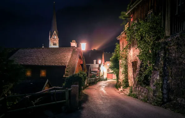 Картинка ночь, улица, дома, Австрия, освещение, фонари, городок, Hallstatt
